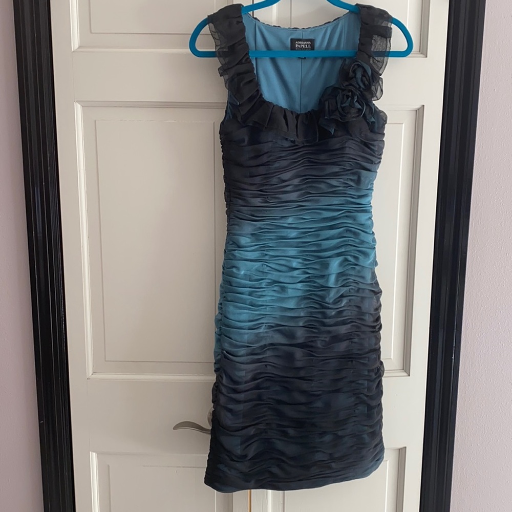 Adrianna Papell teal ombré ruched cocktail dress